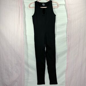 Black Ribbed Sleeveless Jumpsuit Keyhole Front Stretchy Bodycon Size L